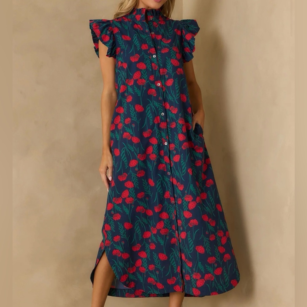 Navy and Red Poppy Floral Button-Front Maxi Dress with Ruffle Sleeves